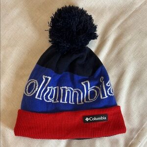 Columbia Blue and Red Pom-Pom Beanie